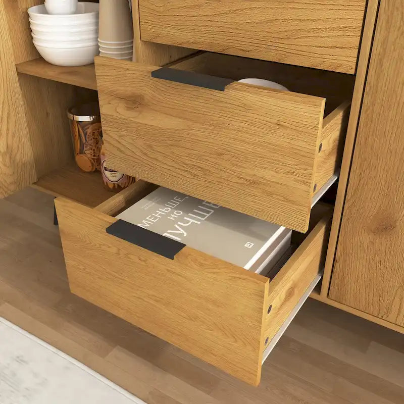 Buffet de 120 cm avec 3 tiroirs, 2 portes et pieds en bois pour bar à café
