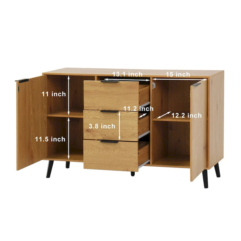 Buffet de 120 cm avec 3 tiroirs, 2 portes et pieds en bois pour bar à café