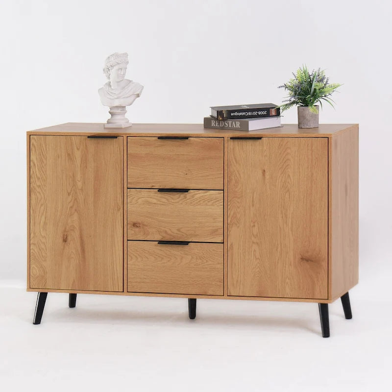 Buffet de 120 cm avec 3 tiroirs, 2 portes et pieds en bois pour bar à café