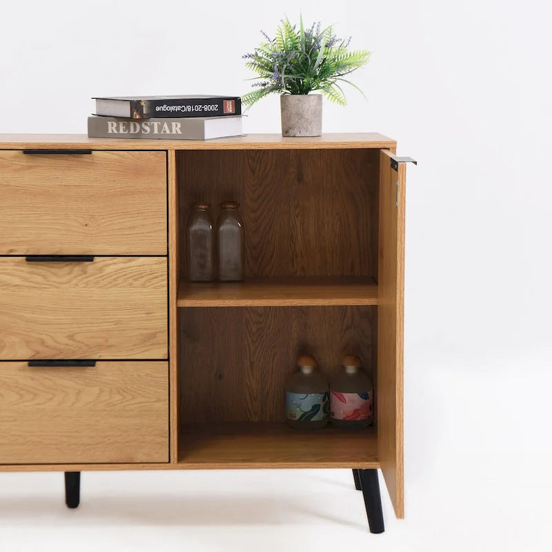 Buffet de 120 cm avec 3 tiroirs, 2 portes et pieds en bois pour bar à café