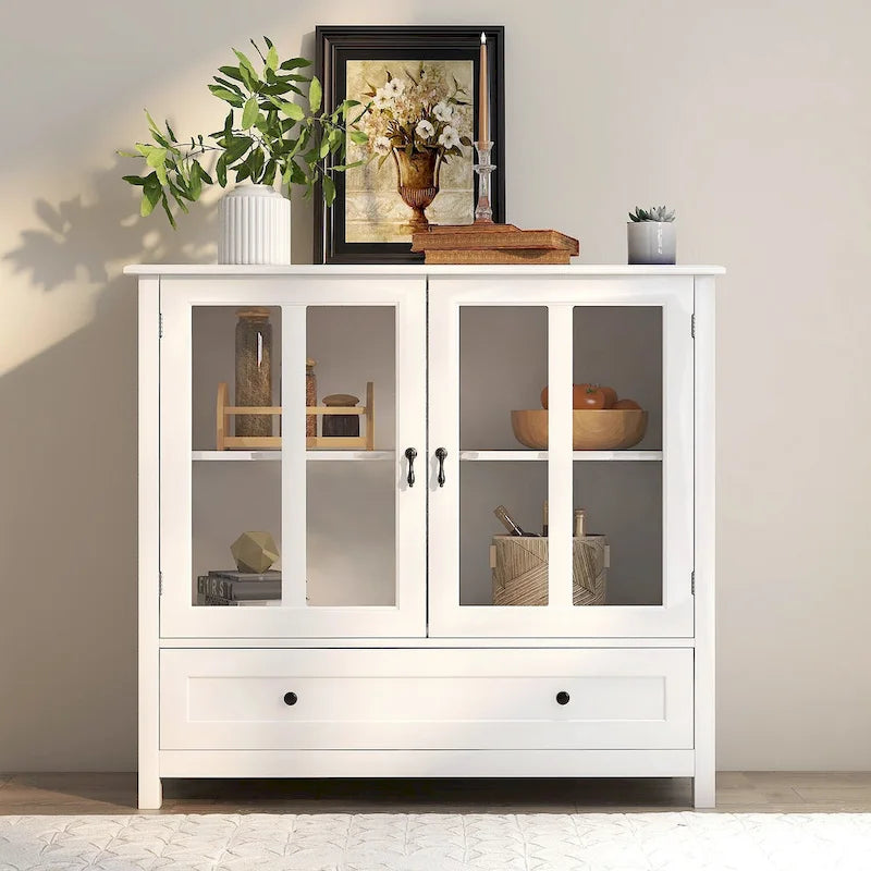 Armoire de cuisine style shaker avec portes doubles vitrées et poignées en nickel brossé