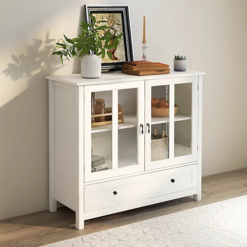 Armoire de cuisine style shaker avec portes doubles vitrées et poignées en nickel brossé