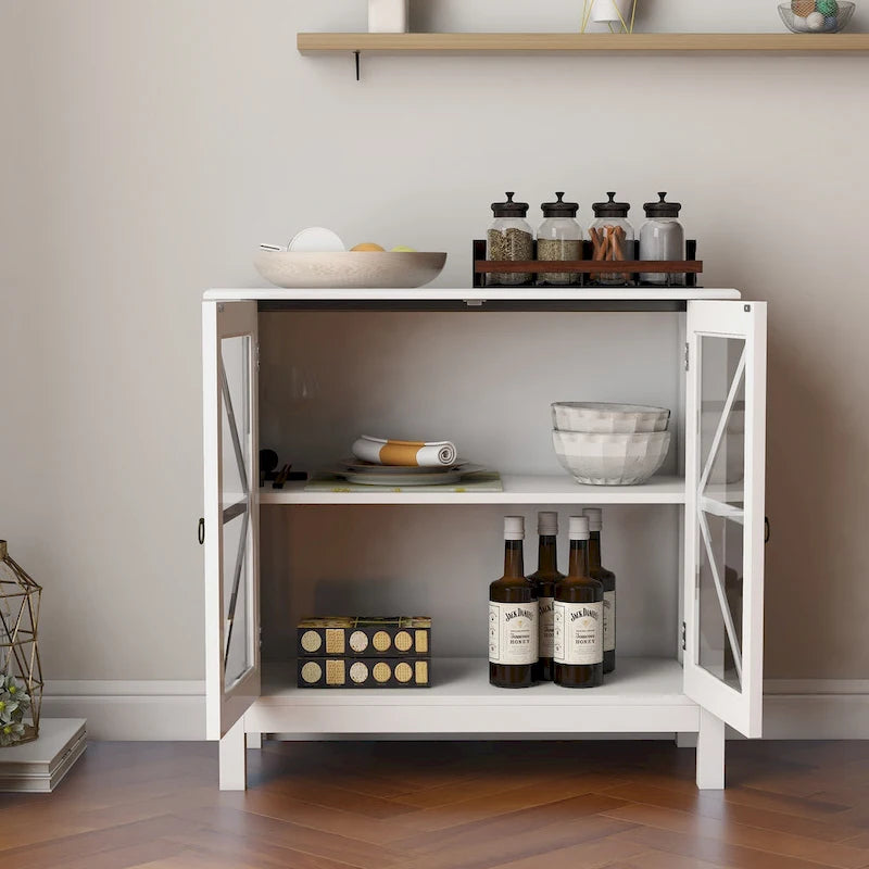 Armoire de cuisine style shaker avec portes doubles vitrées et poignées en nickel brossé