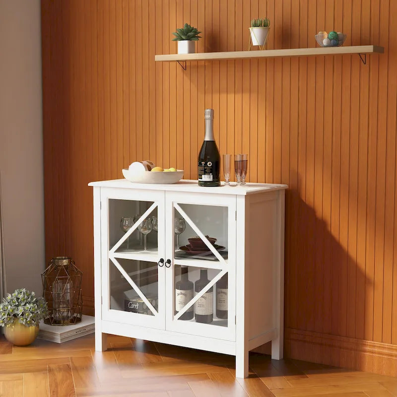 Armoire de cuisine style shaker avec portes doubles vitrées et poignées en nickel brossé