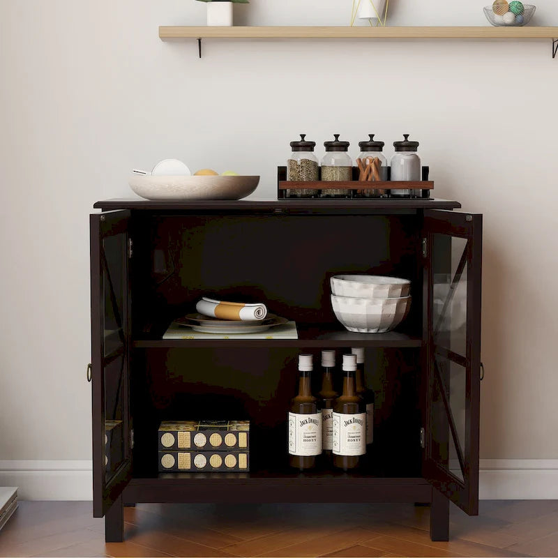 Armoire de cuisine style shaker avec portes doubles vitrées et poignées en nickel brossé