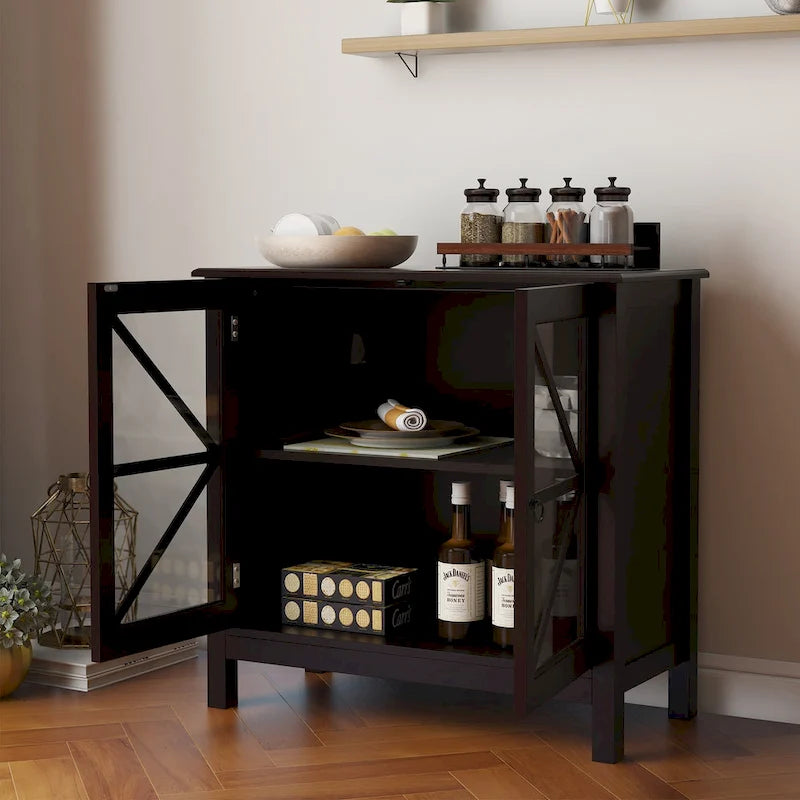 Armoire de cuisine style shaker avec portes doubles vitrées et poignées en nickel brossé