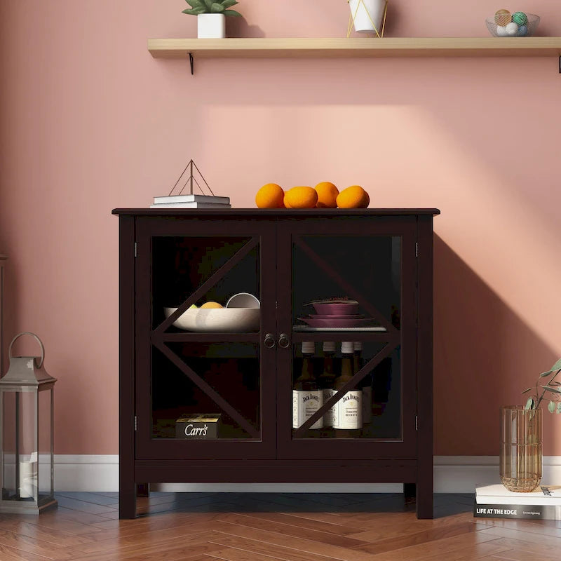 Armoire de cuisine style shaker avec portes doubles vitrées et poignées en nickel brossé