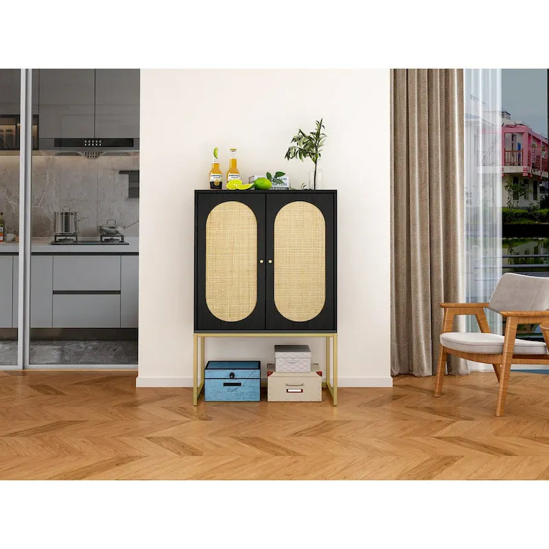 Meuble Haut 2 Portes en Rotin Naturel avec Étagère Réglable – Sur Pied