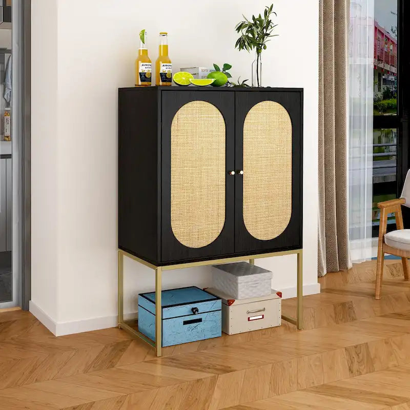 Meuble Haut 2 Portes en Rotin Naturel avec Étagère Réglable – Sur Pied