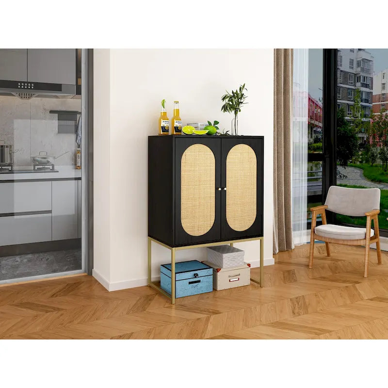 Meuble Haut 2 Portes en Rotin Naturel avec Étagère Réglable – Sur Pied