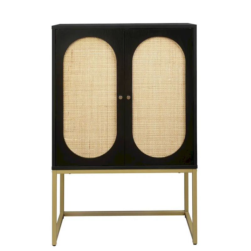 Meuble Haut 2 Portes en Rotin Naturel avec Étagère Réglable – Sur Pied