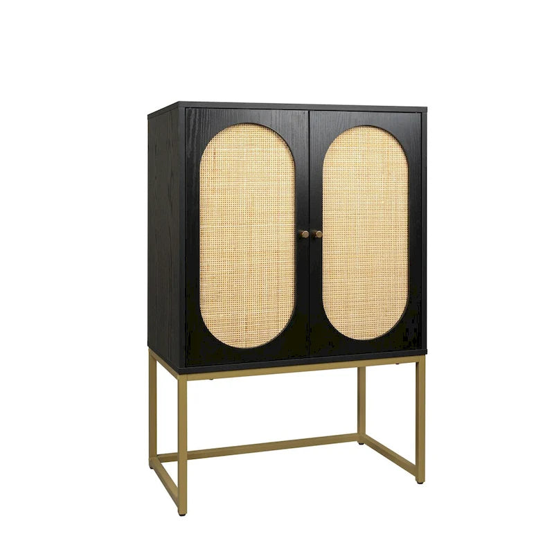 Meuble Haut 2 Portes en Rotin Naturel avec Étagère Réglable – Sur Pied