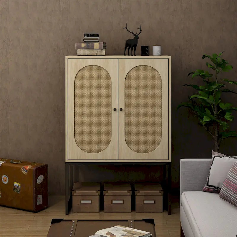 Meuble Haut 2 Portes en Rotin Naturel avec Étagère Réglable – Sur Pied