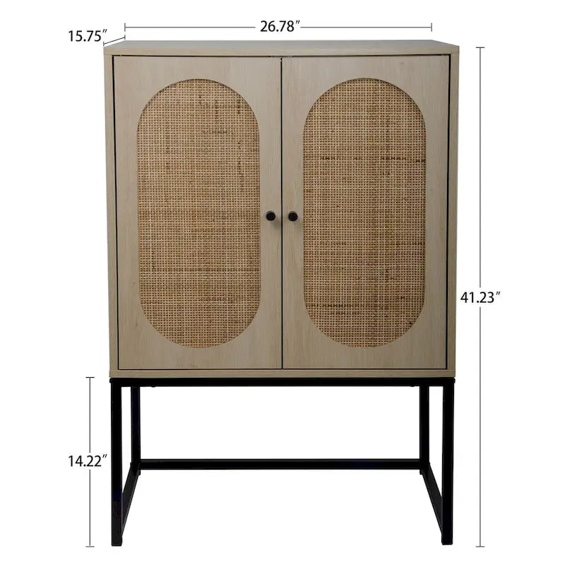 Meuble Haut 2 Portes en Rotin Naturel avec Étagère Réglable – Sur Pied
