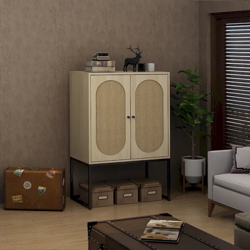Meuble Haut 2 Portes en Rotin Naturel avec Étagère Réglable – Sur Pied