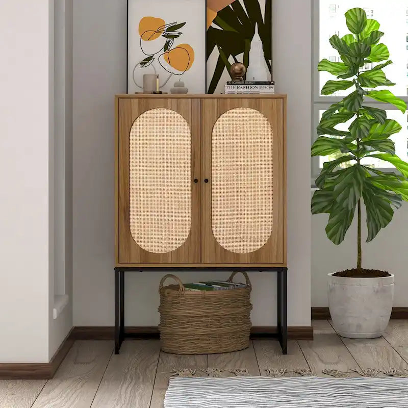 Meuble Haut 2 Portes en Rotin Naturel avec Étagère Réglable – Sur Pied