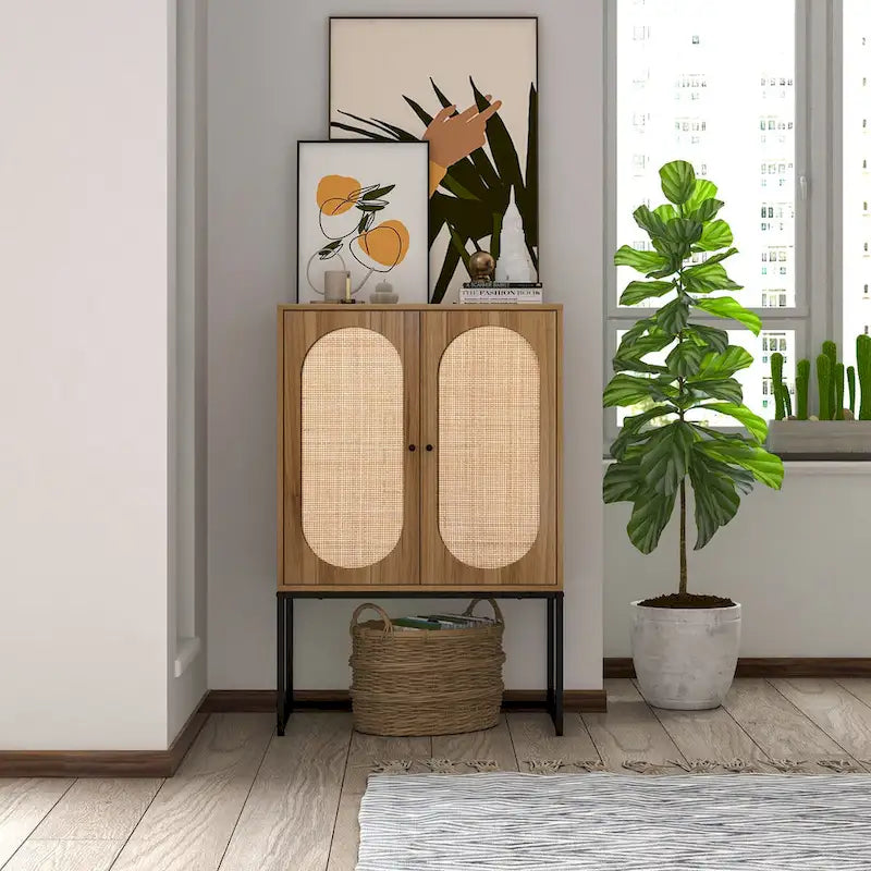Meuble Haut 2 Portes en Rotin Naturel avec Étagère Réglable – Sur Pied