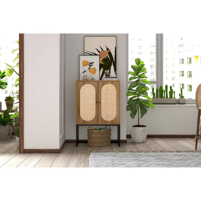 Meuble Haut 2 Portes en Rotin Naturel avec Étagère Réglable – Sur Pied