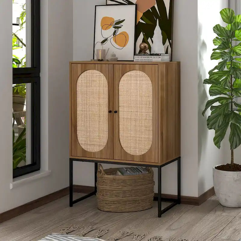 Meuble Haut 2 Portes en Rotin Naturel avec Étagère Réglable – Sur Pied