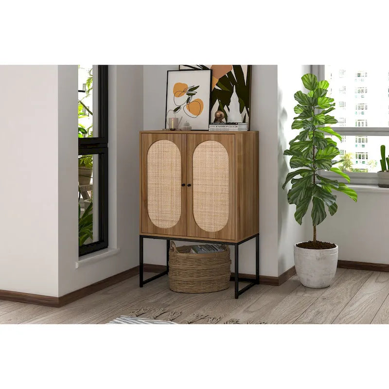 Meuble Haut 2 Portes en Rotin Naturel avec Étagère Réglable – Sur Pied
