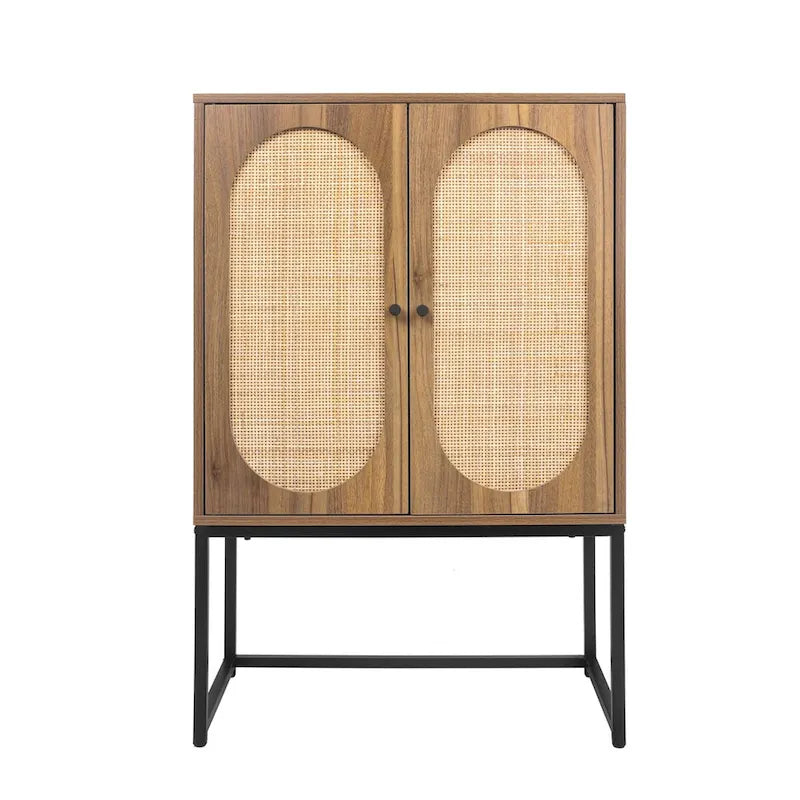 Meuble Haut 2 Portes en Rotin Naturel avec Étagère Réglable – Sur Pied