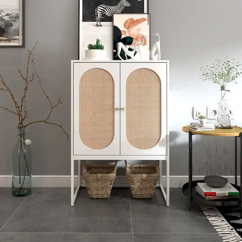 Meuble Haut 2 Portes en Rotin Naturel avec Étagère Réglable – Sur Pied