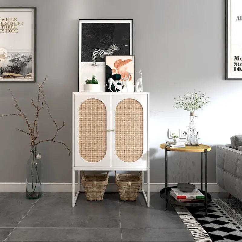 Meuble Haut 2 Portes en Rotin Naturel avec Étagère Réglable – Sur Pied