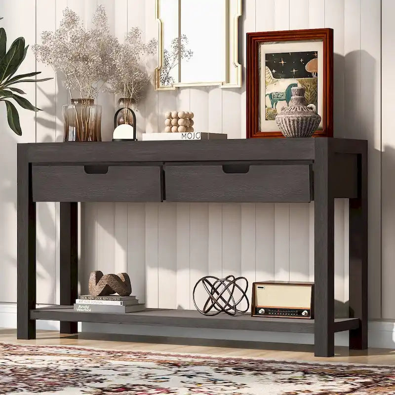 Console d'entrée avec 2 tiroirs et 1 étagère inférieure — Placage en bois d'acacia