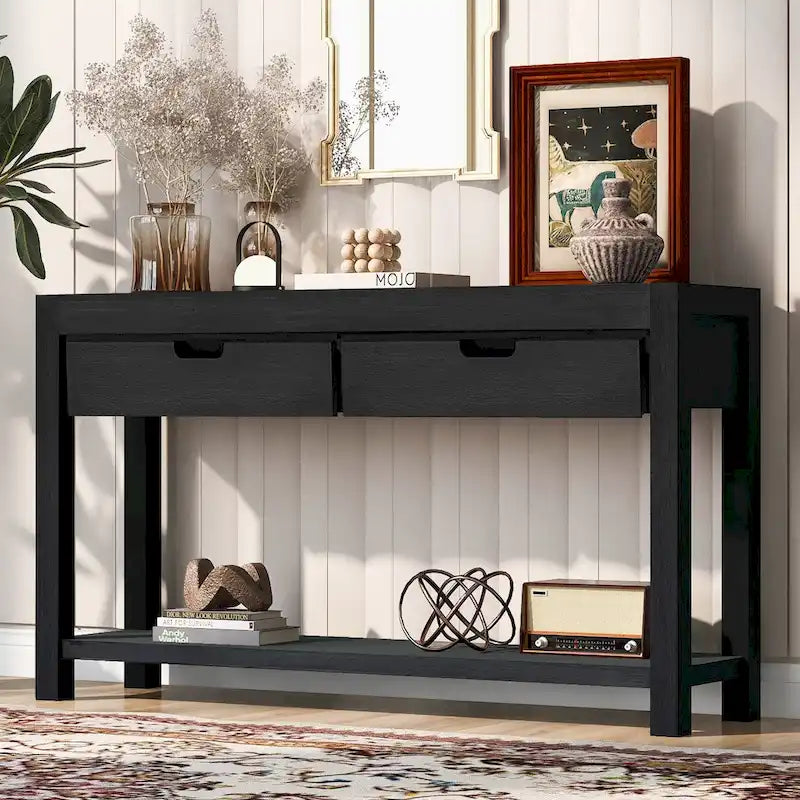 Console d'entrée avec 2 tiroirs et 1 étagère inférieure — Placage en bois d'acacia
