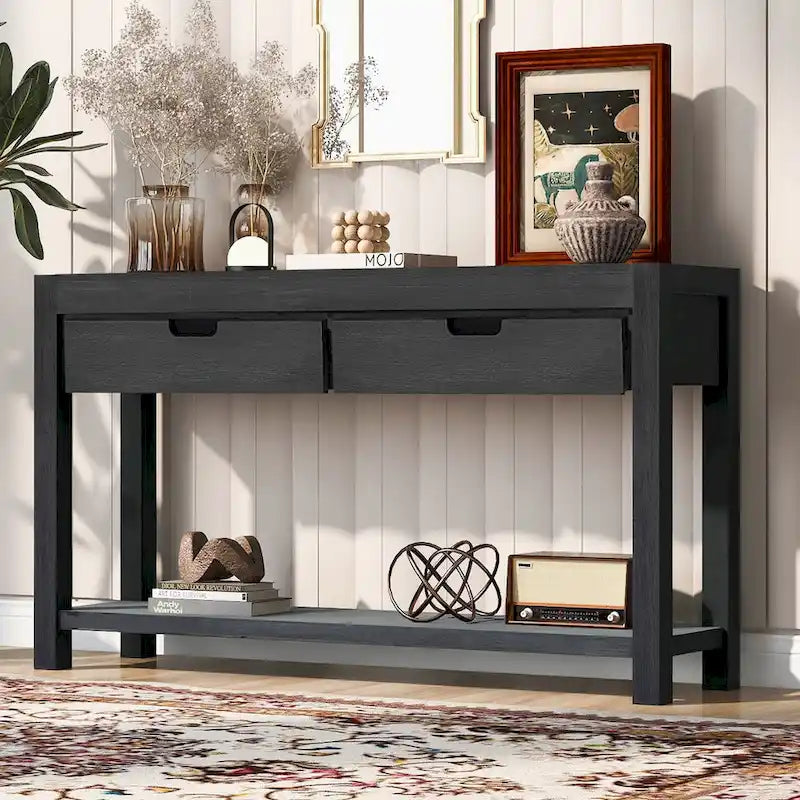 Console d'entrée avec 2 tiroirs et 1 étagère inférieure — Placage en bois d'acacia