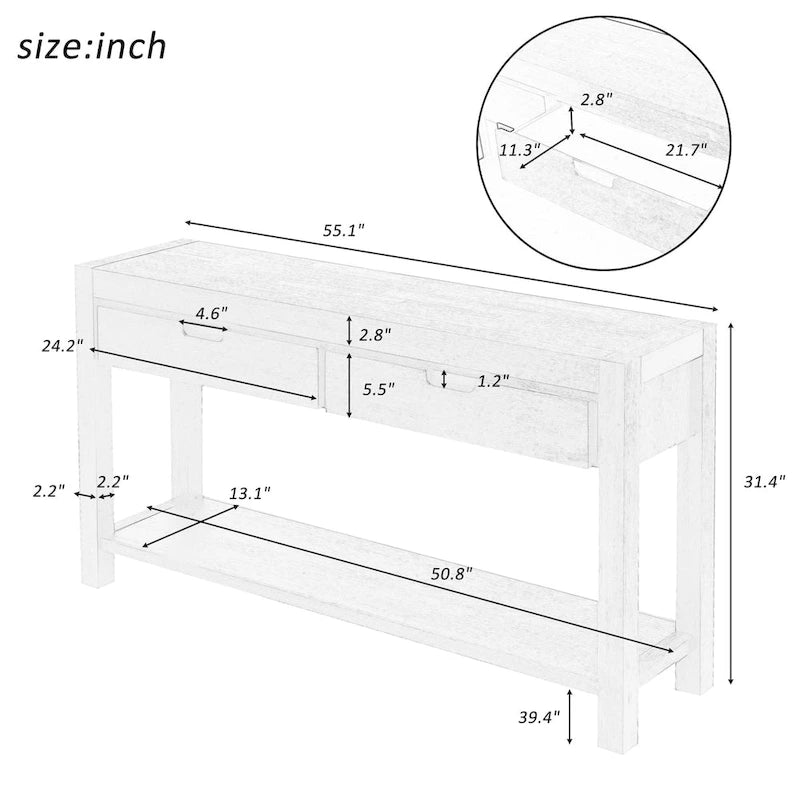 Console d'entrée avec 2 tiroirs et 1 étagère inférieure — Placage en bois d'acacia