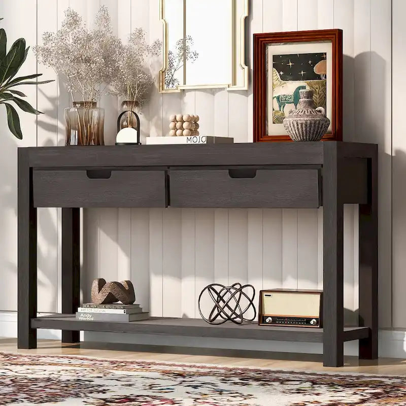Console d'entrée avec 2 tiroirs et 1 étagère inférieure — Placage en bois d'acacia