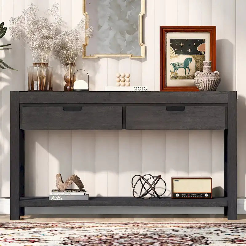Console d'entrée avec 2 tiroirs et 1 étagère inférieure — Placage en bois d'acacia