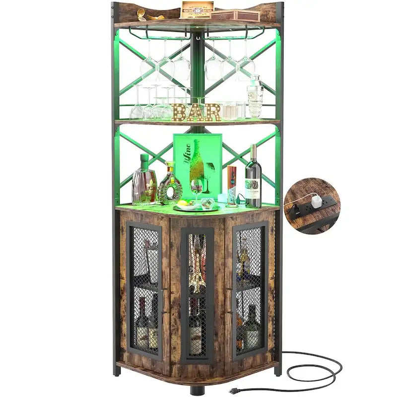 Meuble d'angle de bar avec étagère supérieure, lumières LED RGB et multiprise intégrée