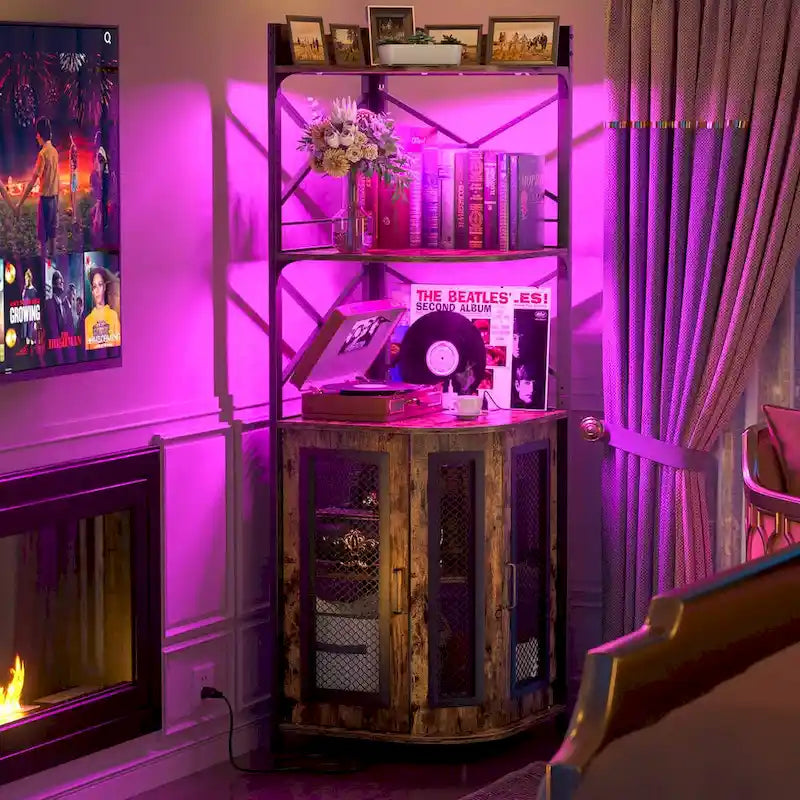 Meuble d'angle de bar avec étagère supérieure, lumières LED RGB et multiprise intégrée