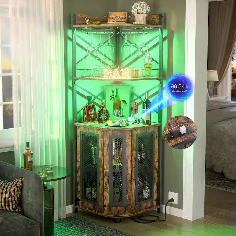 Meuble d'angle de bar avec étagère supérieure, lumières LED RGB et multiprise intégrée