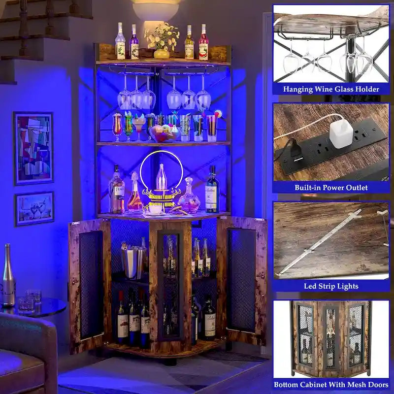 Meuble d'angle de bar avec étagère supérieure, lumières LED RGB et multiprise intégrée