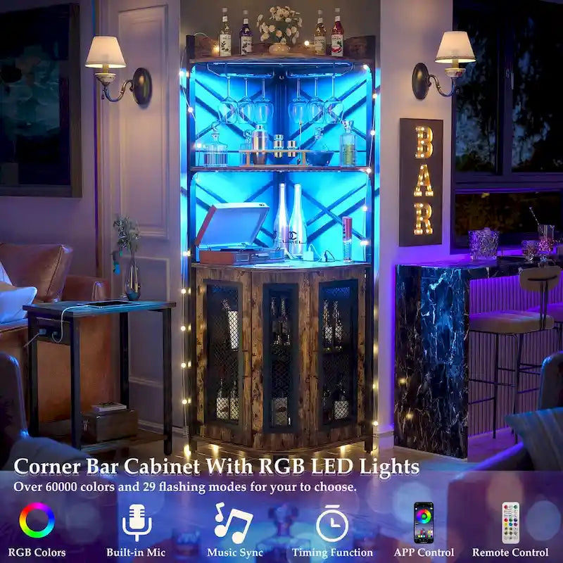 Meuble d'angle de bar avec étagère supérieure, lumières LED RGB et multiprise intégrée