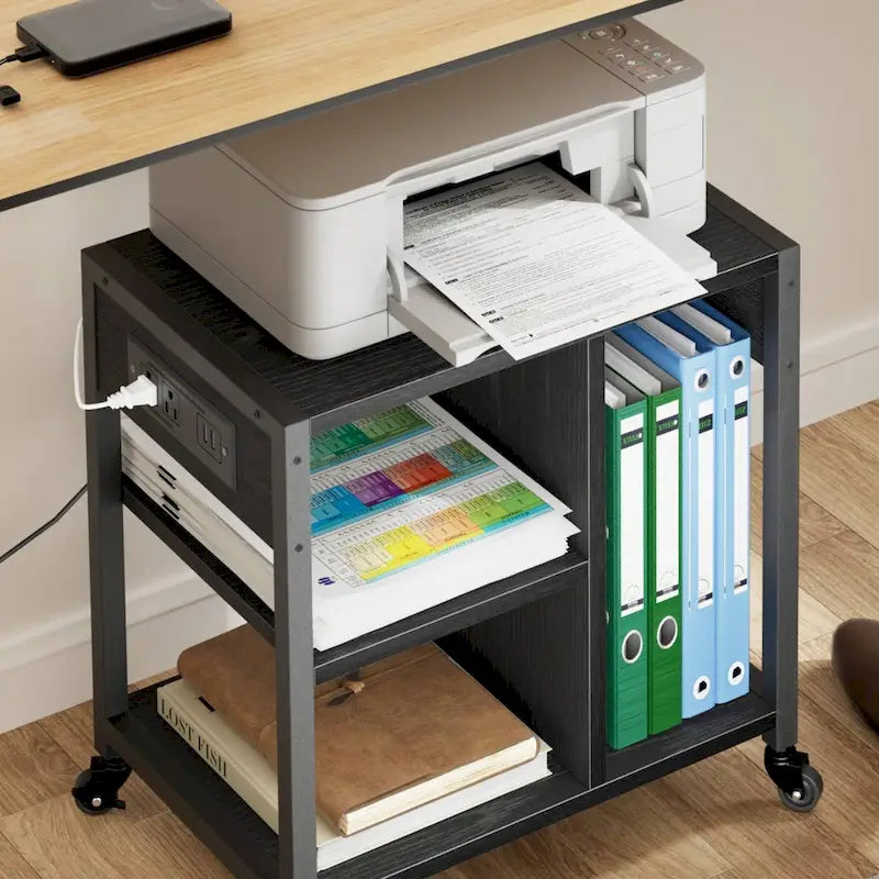 Meuble d'imprimante mobile à 3 niveaux avec station de charge — 2 prises CA et 2 ports USB