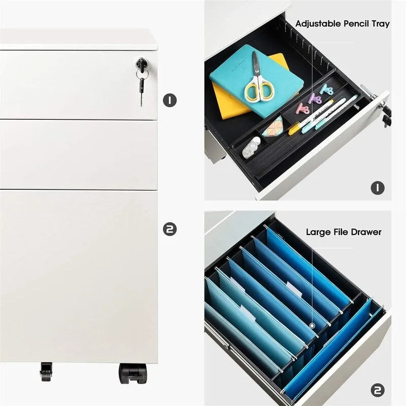 Classeur mobile 3 tiroirs pour dessous de bureau avec serrure et roulettes
