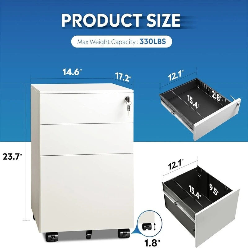 Classeur mobile 3 tiroirs pour dessous de bureau avec serrure et roulettes