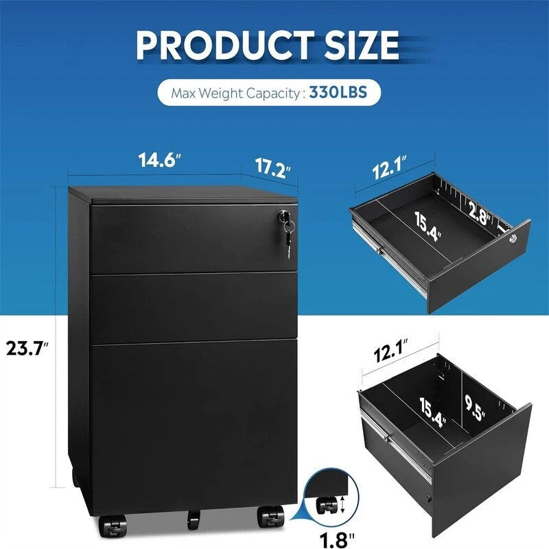 Classeur mobile 3 tiroirs pour dessous de bureau avec serrure et roulettes