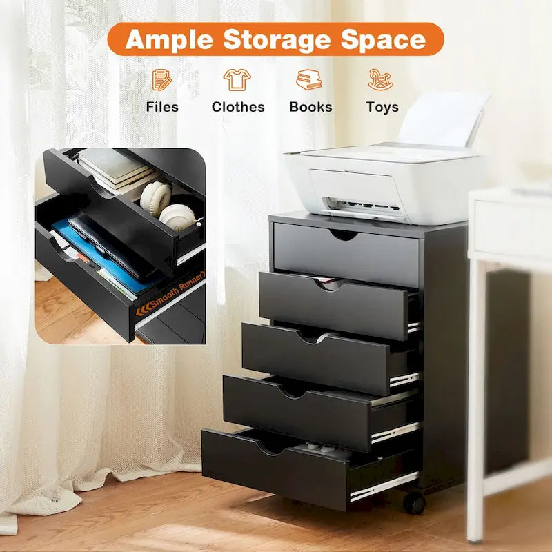 Commode mobile à 5 tiroirs avec roulettes — Bois MDF, noir ou blanc