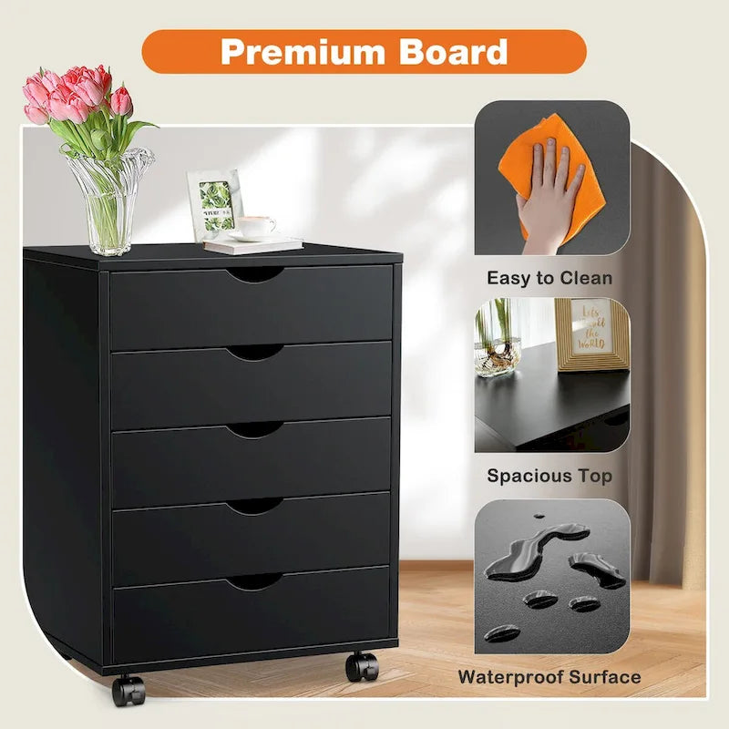 Commode mobile à 5 tiroirs avec roulettes — Bois MDF, noir ou blanc