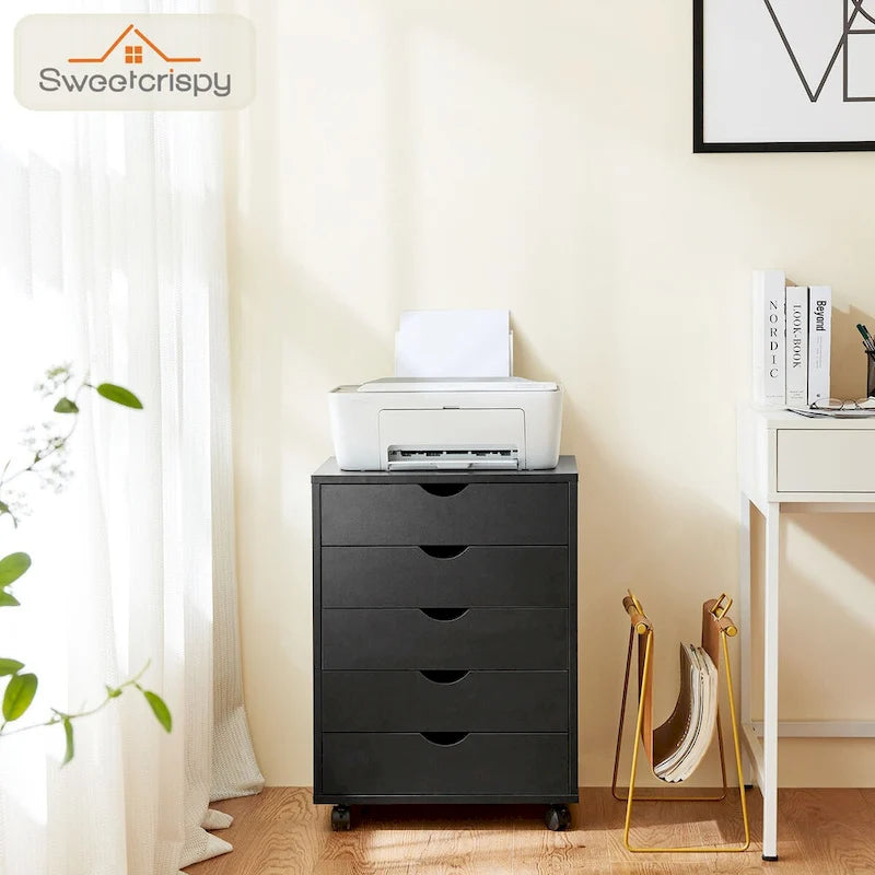 Commode mobile à 5 tiroirs avec roulettes — Bois MDF, noir ou blanc