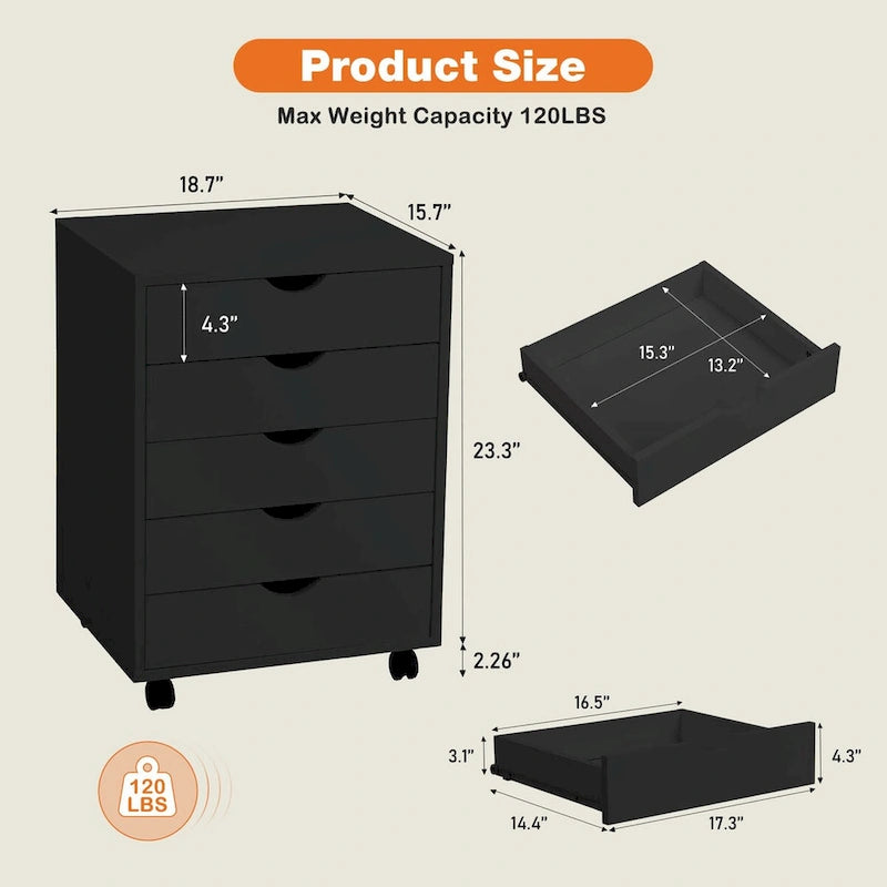 Commode mobile à 5 tiroirs avec roulettes — Bois MDF, noir ou blanc