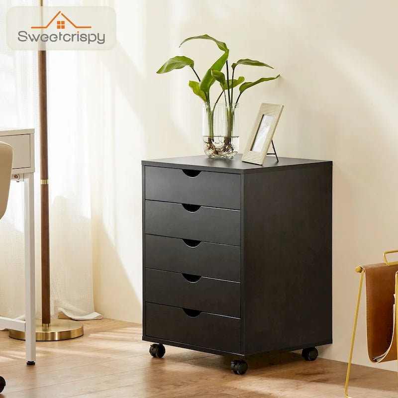 Commode mobile à 5 tiroirs avec roulettes — Bois MDF, noir ou blanc
