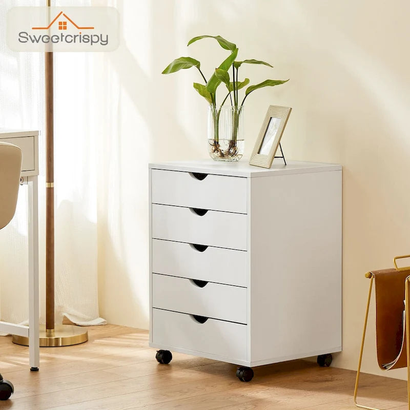 Commode mobile à 5 tiroirs avec roulettes — Bois MDF, noir ou blanc