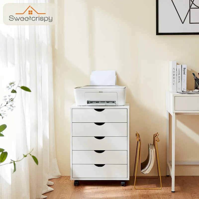 Commode mobile à 5 tiroirs avec roulettes — Bois MDF, noir ou blanc