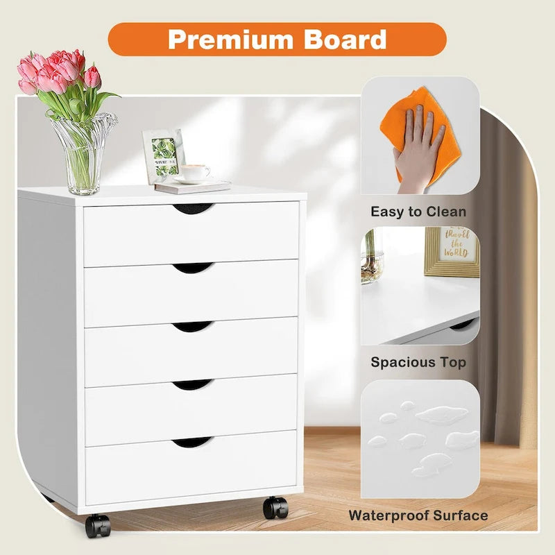 Commode mobile à 5 tiroirs avec roulettes — Bois MDF, noir ou blanc
